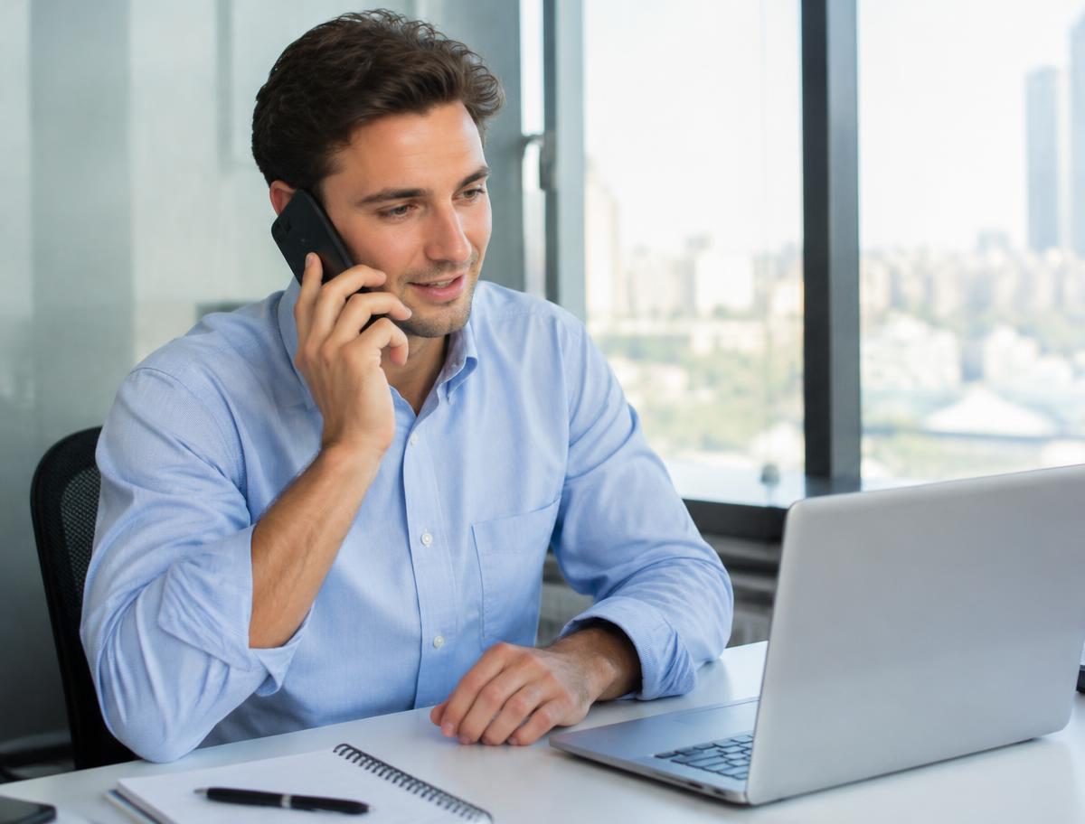 Vertriebler im Telefongespräch am Laptop